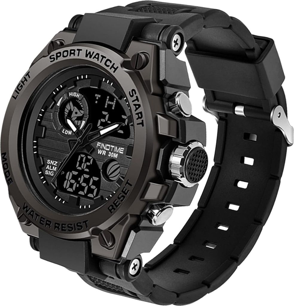 findtime Herren Sport Uhren Militär Outdoor Große Armbanduhr Digital Analog Zwei Zeitzonen LED Kalender Männer Jungen