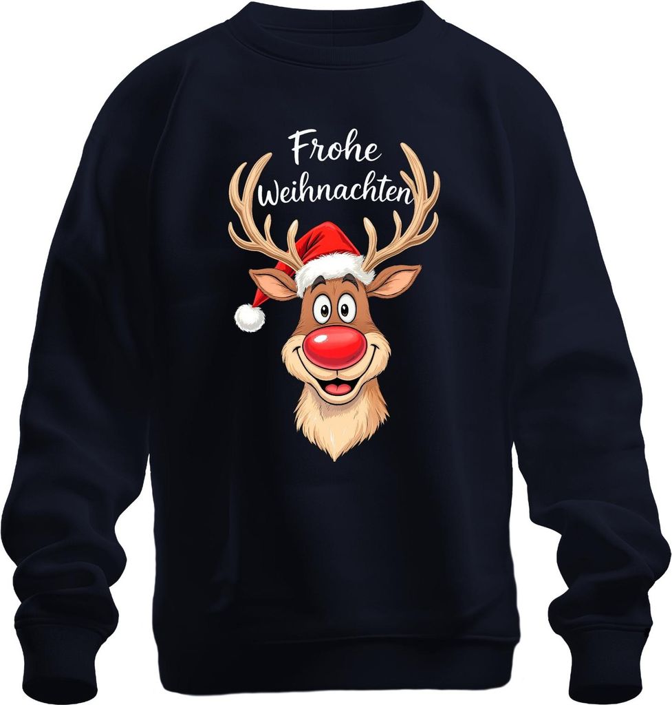 Frohe Weihnachten Rentier Rudolph Rotnase Nikolaus Mütze Lustig Uni Sweatshirt Pullover, Navy, S
