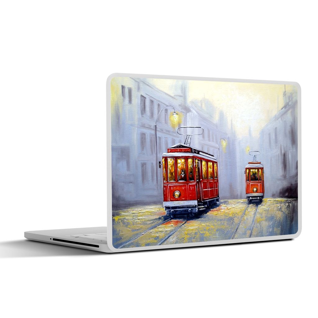 MuchoWow Laptop Aufkleber Sticker Cover Gemälde - Straßenbahn - Stadt - Öl 25x18 cm - Laptop-Deko
