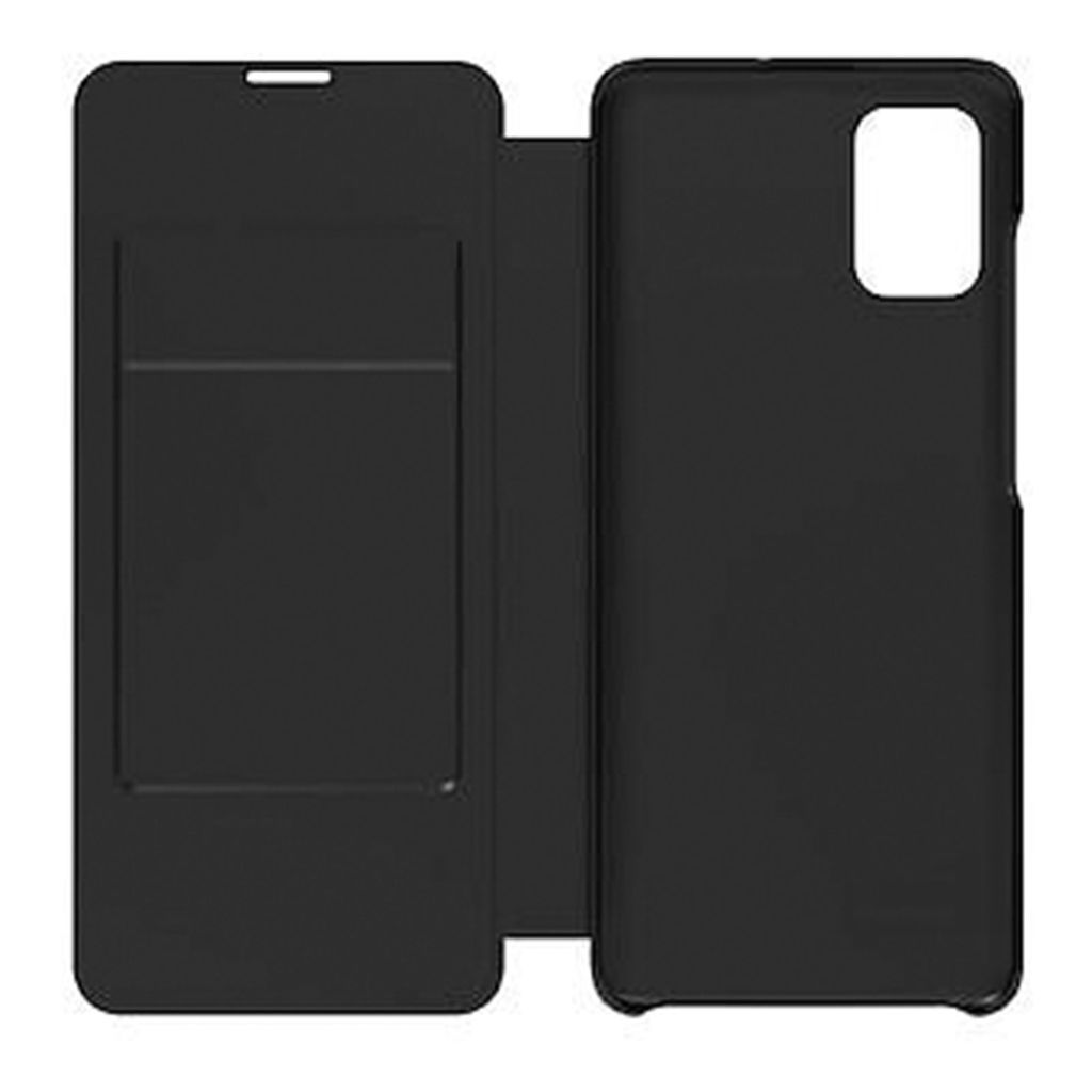 A black wallet flip cover for a smartphone, shown open.