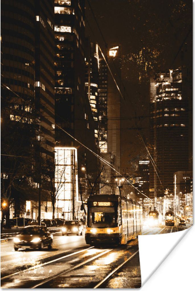 MuchoWow Poster Straßenbahn - Straße - Gold 120x180 cm - Kunstposter