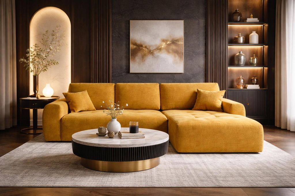 Kaiser Möbel Ecksofa mit Schlaffunktion und Bettkasten L-Form Ivo XL, Veloursstoff Salvador, Gelb, Rechts