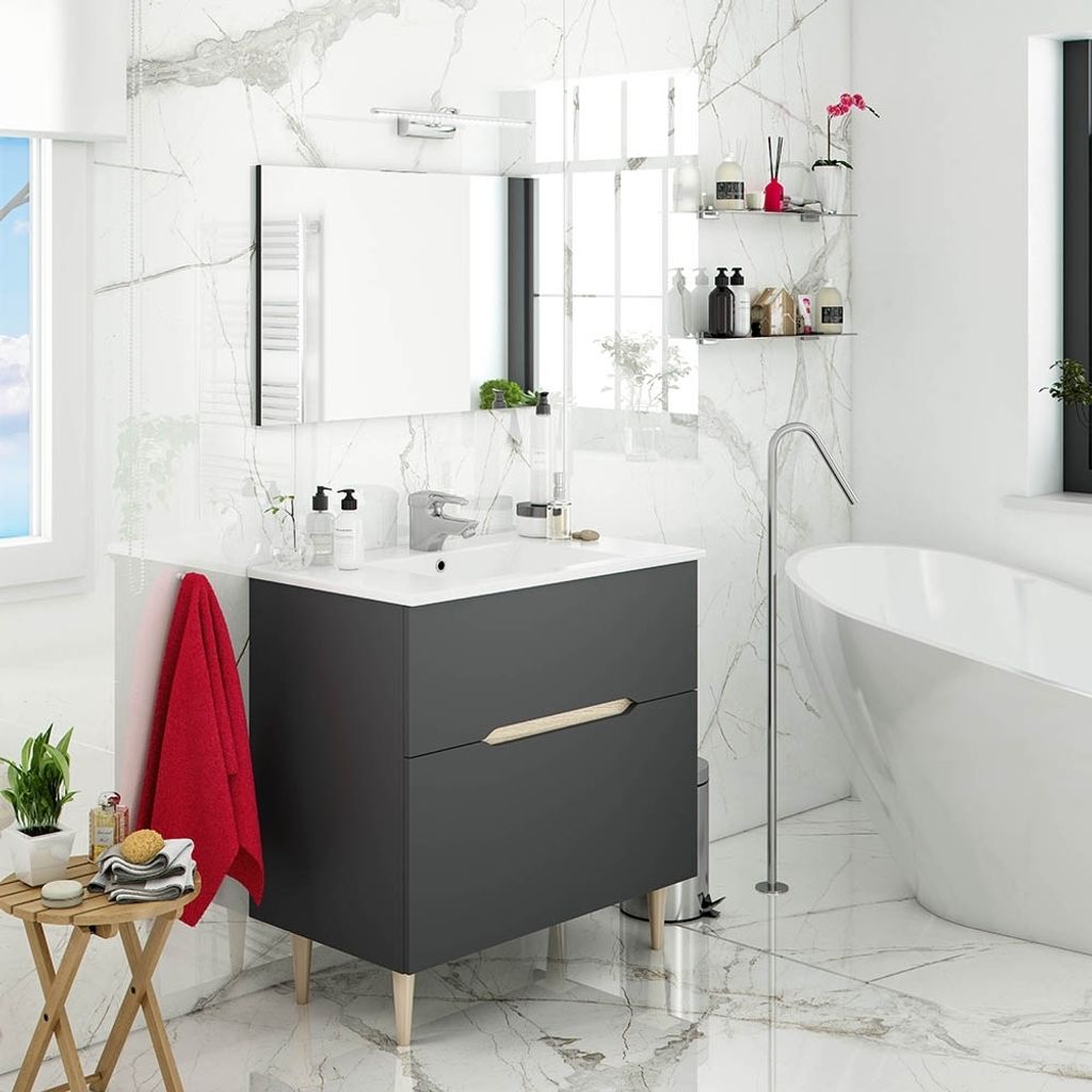 Badezimmer-Set >LOTTO< mit Spiegel und Waschbecken in anthrazit - 80x80x45 (BxHxT)