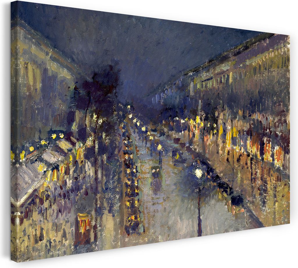 Leinwandbild (100x70cm): Camille Pissarro - The Boulevard Montmartre at Night, echter Holz-Keilrahmen inkl. Aufhänger, handgefertigt in Deutschland