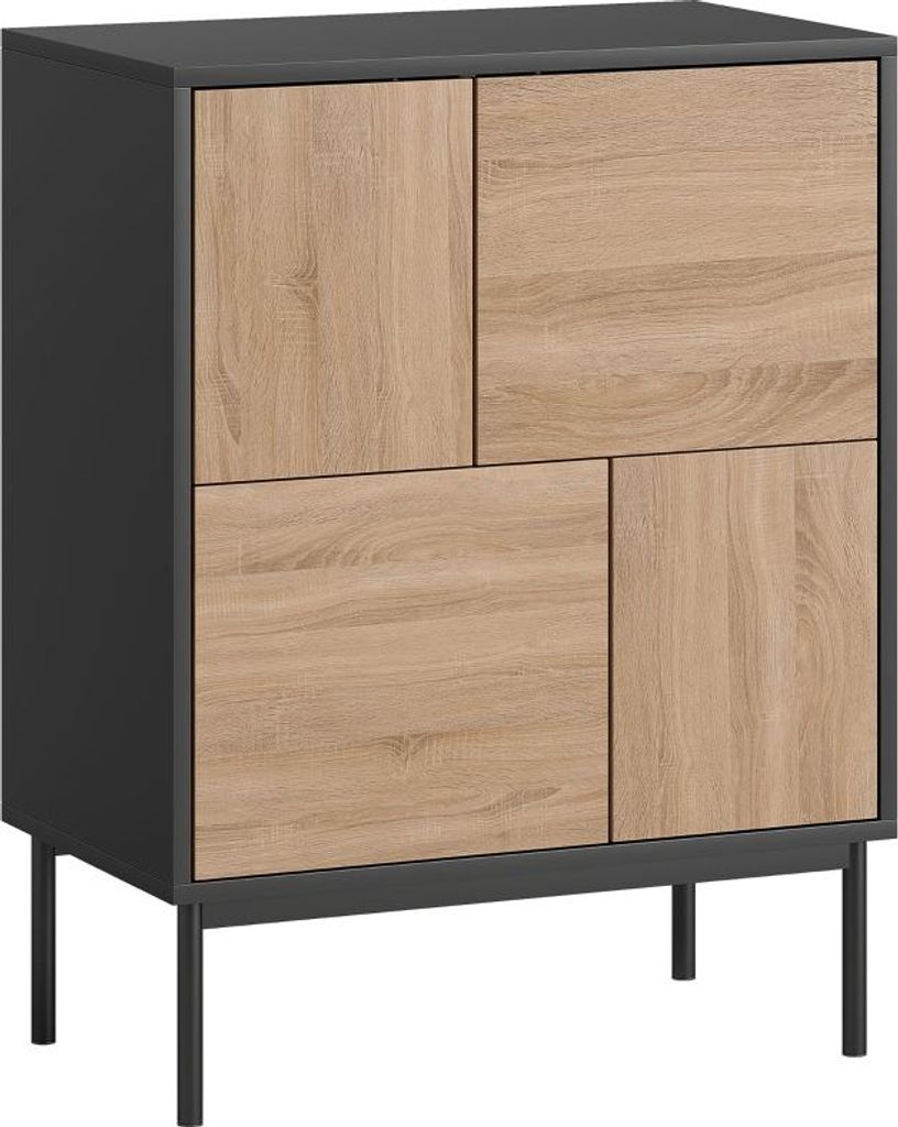 Buffet mit Push-to-Open-Türen, Esszimmerschrank mit Metallbeinen, Küchenschrank, MDF, schwarz und naturfarbenes Holz