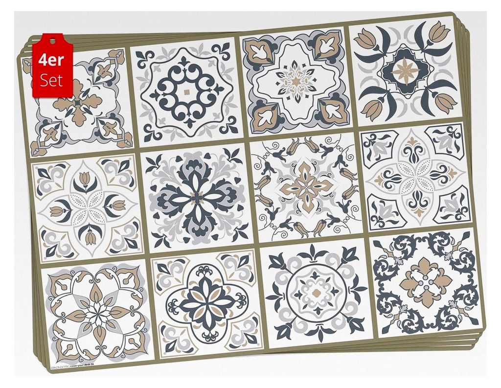 Tischsets | Abwaschbare Platzsets mit Fliesenmuster in grau-beige – aus Premium Vinyl (Kunststoff – BPA-frei) - 4 Stück - 44 x 32 cm - rutschf...