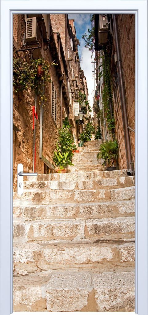 Schmale Straße mit Treppe Stoff Türaufkleber 714PD