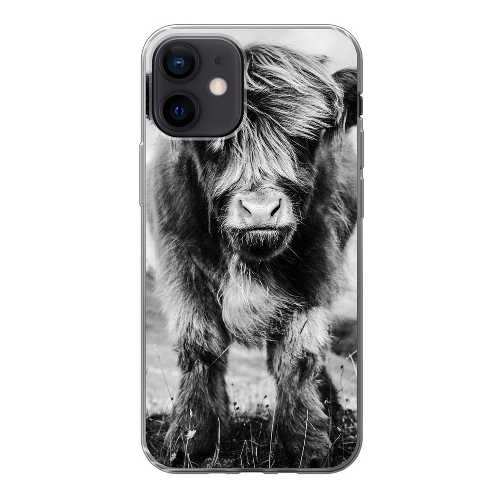 MuchoWow Handyhülle Schutzhülle Hülle für iPhone 12 Schottischer Highlander - Berg - Schwarz - Weiß Silikon Softcase Handy Hülle - Schutzh...