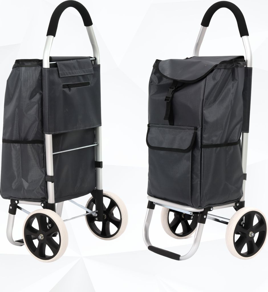 Two views of a gray shopping trolley with aluminum frame and black wheels.