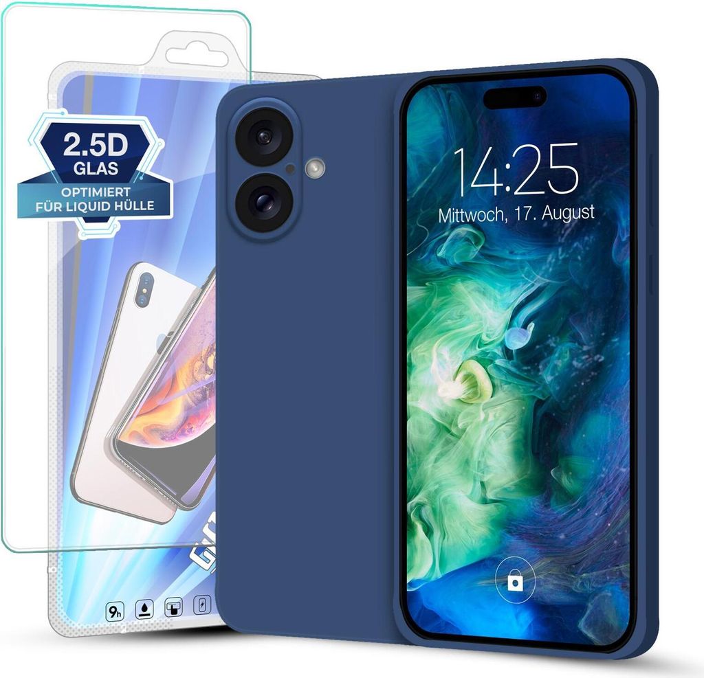 Hülle für Apple iPhone 16 mit 9H Displayglas Displayschutz Plus Case Cover Bumper Silikon Softgrip Schutzhülle Farbe: Blau