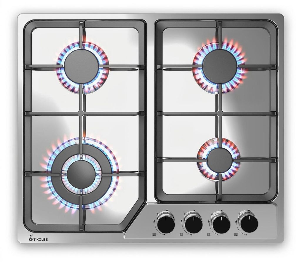 KKT KOLBE Gaskochfeld 58 cm | Autark | 7,9 kW | 4 Flammig | stufenlos regelbar | Wok-Zone | Rahmenlos | Knebelbedienung | Gusseiserne Topfträger |...