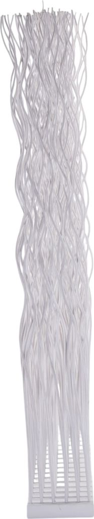 A white, woven room divider made of willow wood.