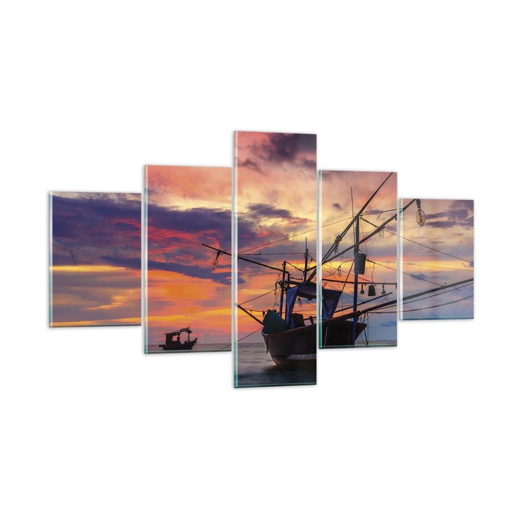 Bilder auf glas - 5 Teile - Asien Boot Kutter - 125x70cm - Glasbilder - Wandbilder - Bilder - zum Aufhängen bereit - Wanddekoration aus Glas - Gla...