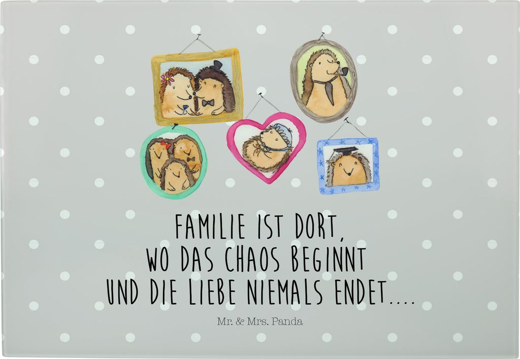 Mr. & Mrs. Panda Schneidebrett Igel Familie - Grau Pastell - Geschenk, Küchenbrett, Bilder, Bruder, Mama, Glas Schneideplatte, Liebe, Muttertag, S...
