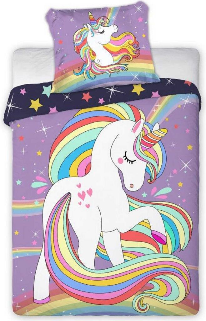 A unicorn-themed duvet cover and pillowcase set on a white background.