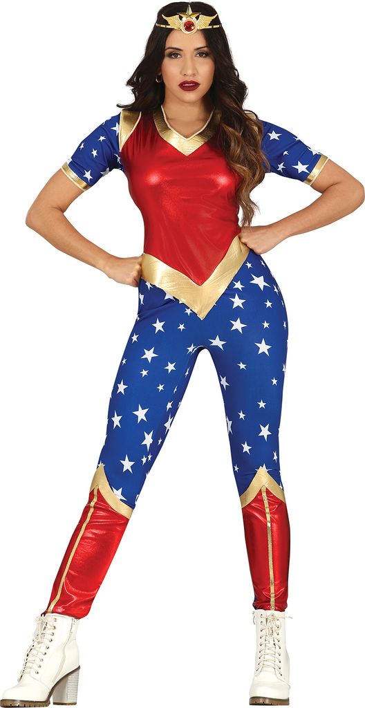 Superhelden Power Jumpsuit Sternen Muster Karneval Klassiker Abenteuerfigur Rot Blau Gold, Größe: 38 - 40 (M) Farbe: Braun