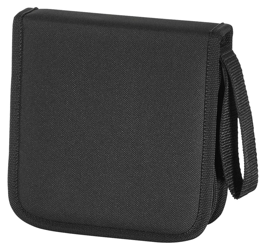 A black CD case with a handle is shown against a white background.