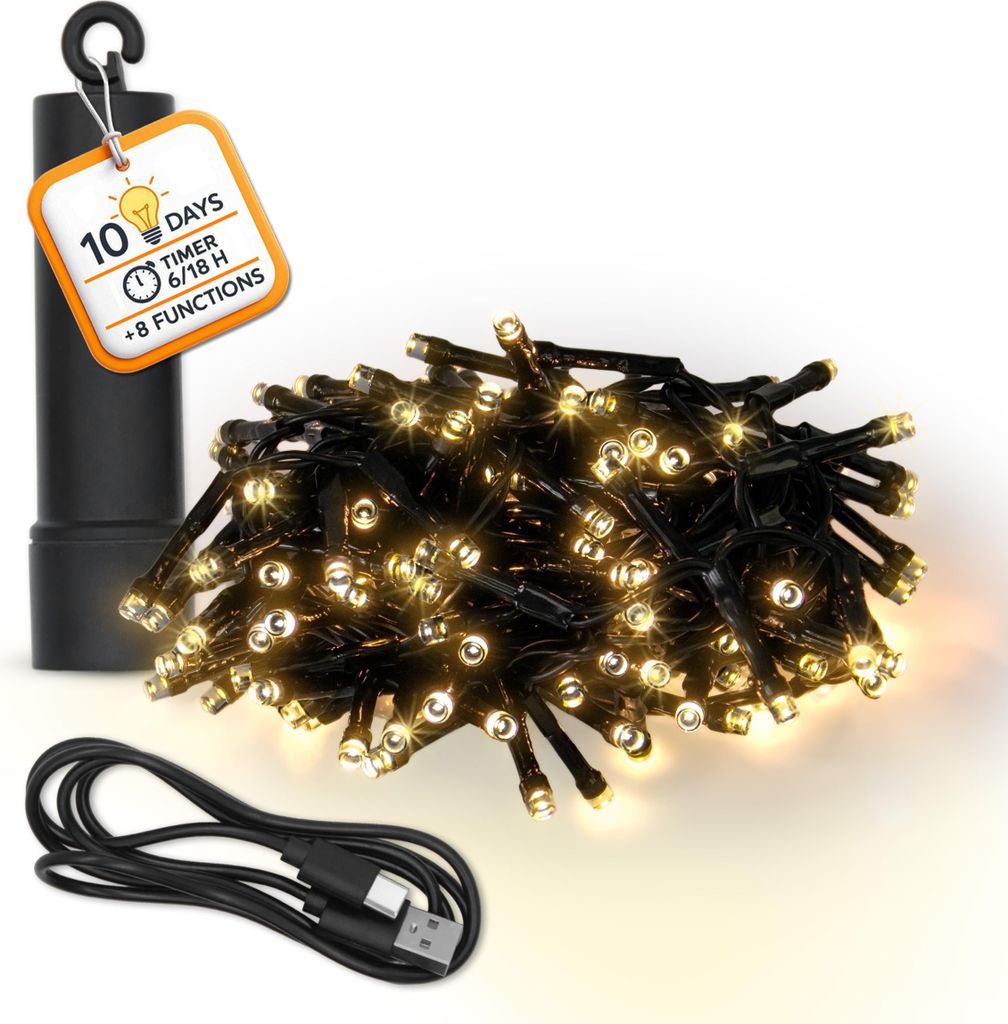 Akku Lichterkette USB aufladbar bis 10 Tage Leuchtdauer mit Timer - 160 LED auf 4m - Außen Dekolicht warm weiß mit 8 Funktionen