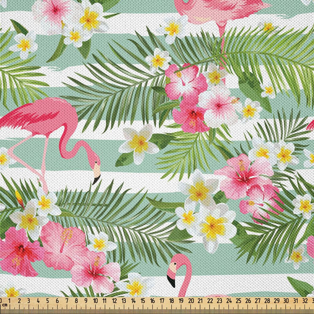 ABAKUHAUS Flamingo Satin Stoff als Meterware, Flamingos Mit Exotischen Hawaiien Blättern Blüht Auf Gestreiftem Vintage Hintergrund, 5 M (148 x 50...
