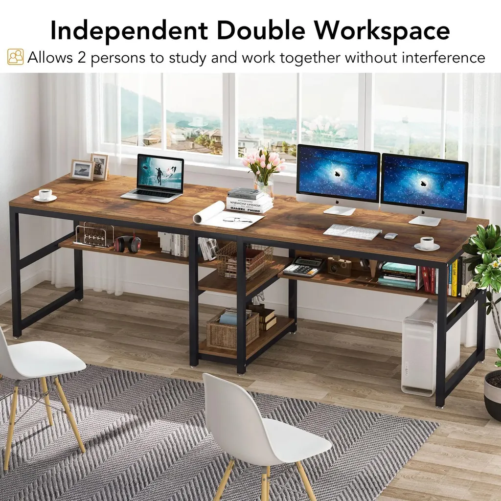 Bureau double 200 cm : gagnez de la place avec rangement acajou brun - 2