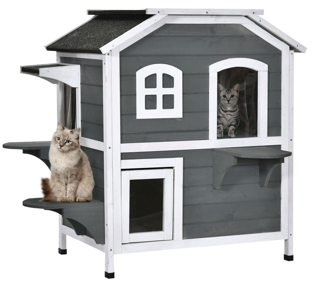 Katzenhaus Mit Asphaltdach Wetterfeste Outdoor Katzenhütte Mit Treppen, 2-Etagen, Tannenholz, Grau, 78X55,5X91Cm