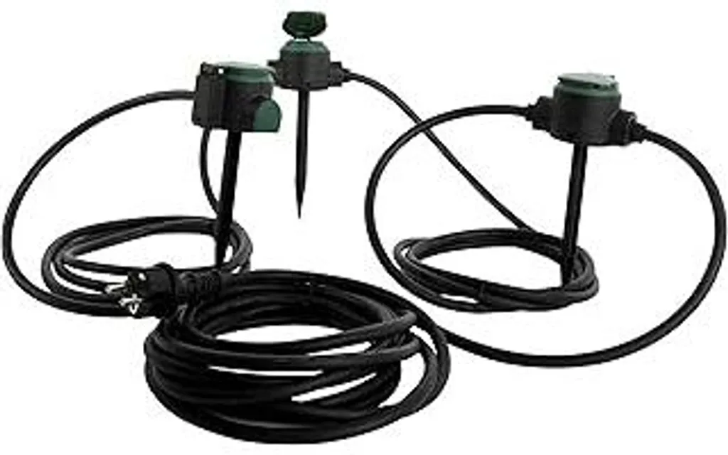 Cavo di prolunga REV Supraflex - Prolunga in gomma da 10 m per esterni, 3 prese incluse picchetti di terra, IP44 - 1
