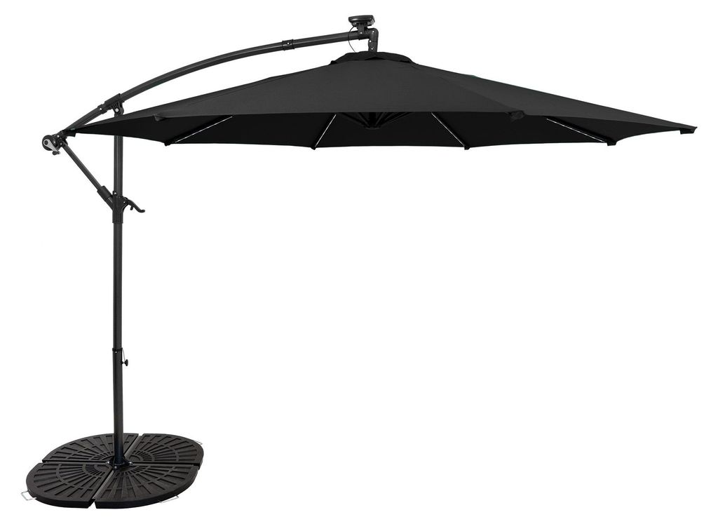 LED Ausleger-Sonnenschirm 3 m Schwarz Bananenschirm Sonnenschirm mit Beschwerungsfuß Garten Sonnenschutz Terrasse Außenbereich UV-Schutz Kurbelgr...