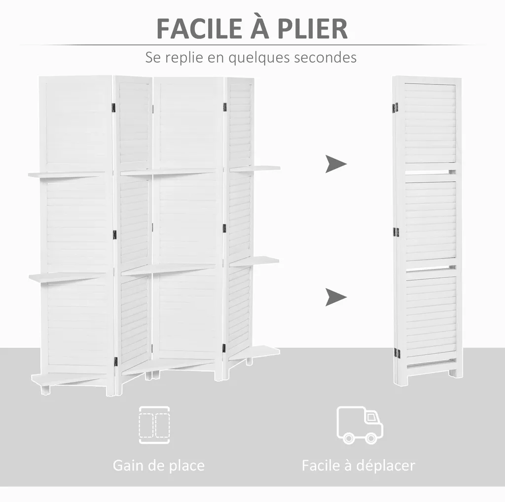 Cloison de séparation 160 cm en bois blanc avec 3 étagères intégrées - 7