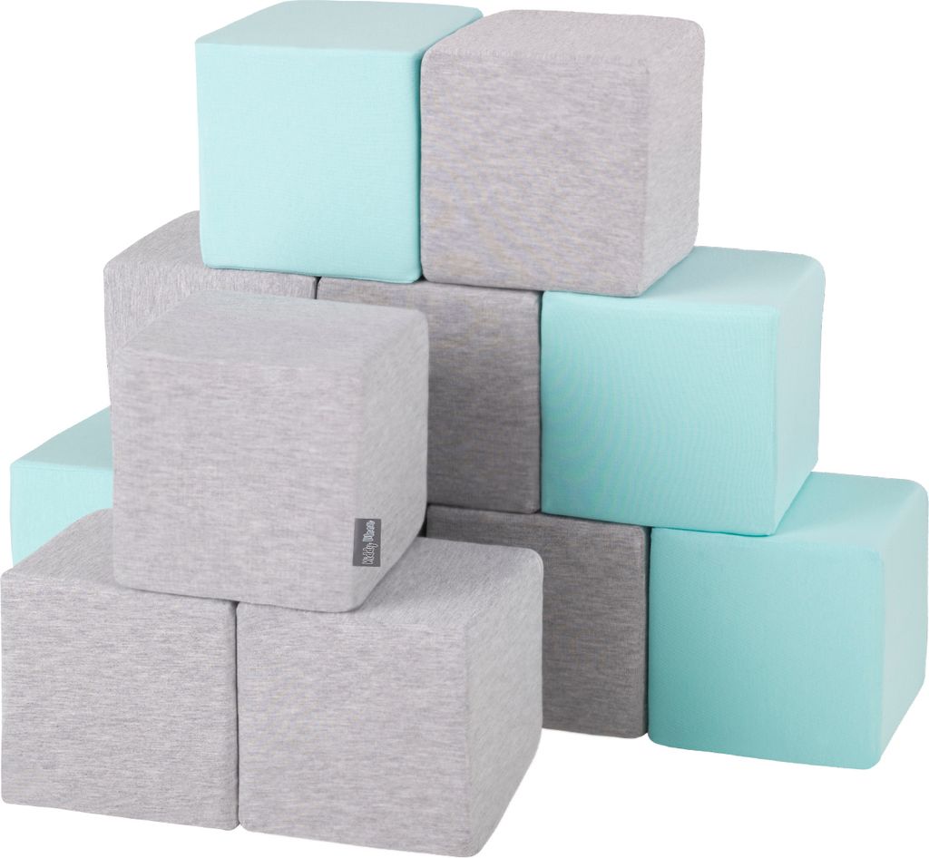 KiddyMoon Schaumstoff Würfel 12 Stücke - Klettergerüst Indoor Blöcke Schaum für Babys Montessori spielzeug Bausteine Bauklötze - Hellgrau-mint
