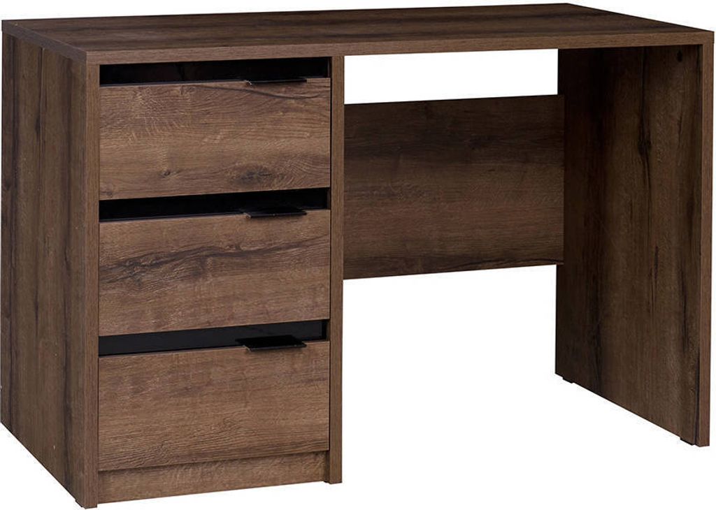 Schreibtisch Martin 120cm breite, Arbeitsplatz mit drei Schubladen, Nordischer Stil Möbel (Farbe: Monastery Eiche / Schwarz Hochglanz)
