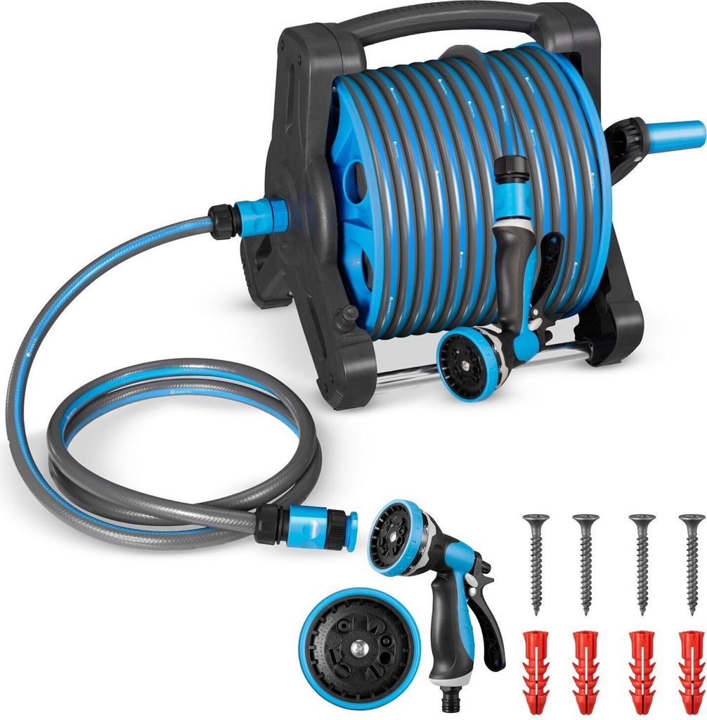 A garden hose reel with a hose, spray nozzle, and mounting hardware.