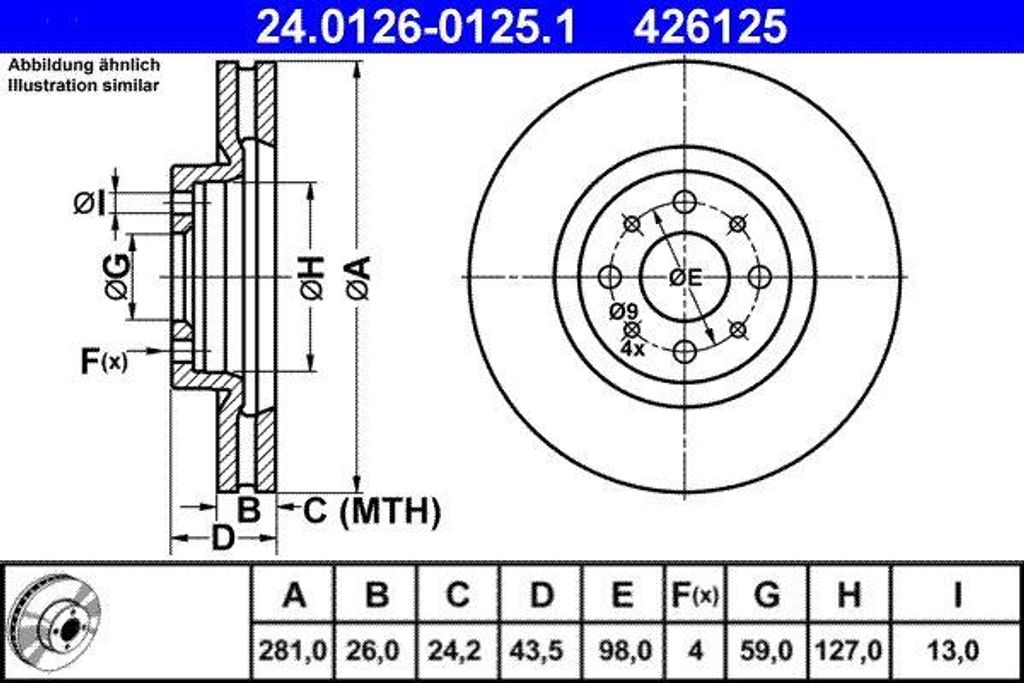 ATE 24.0126-0125.1 Bremsscheibe OE 46765546 kompatibel mit Mito, Bravo, Stilo, Delta