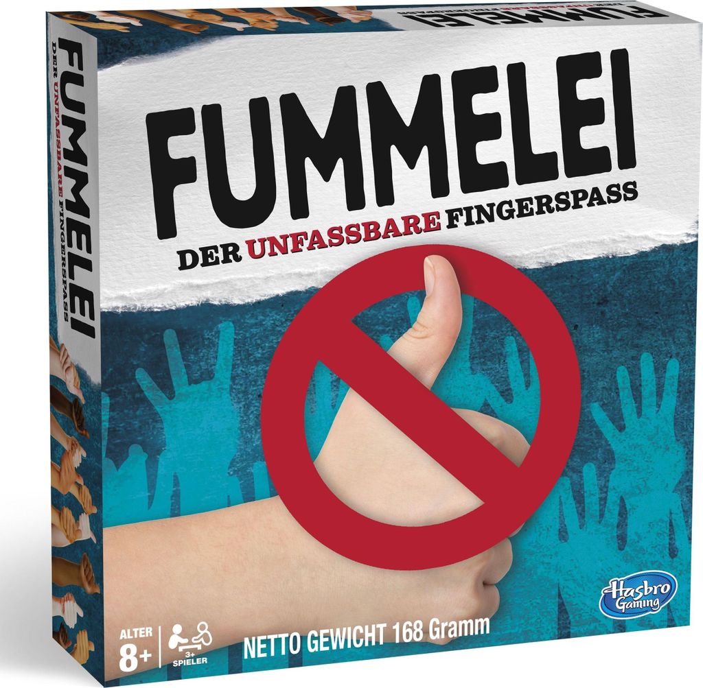 The image shows the front of a board game box. The box features the game's title, a prohibition symbol over a thumb, and various hands in the background.