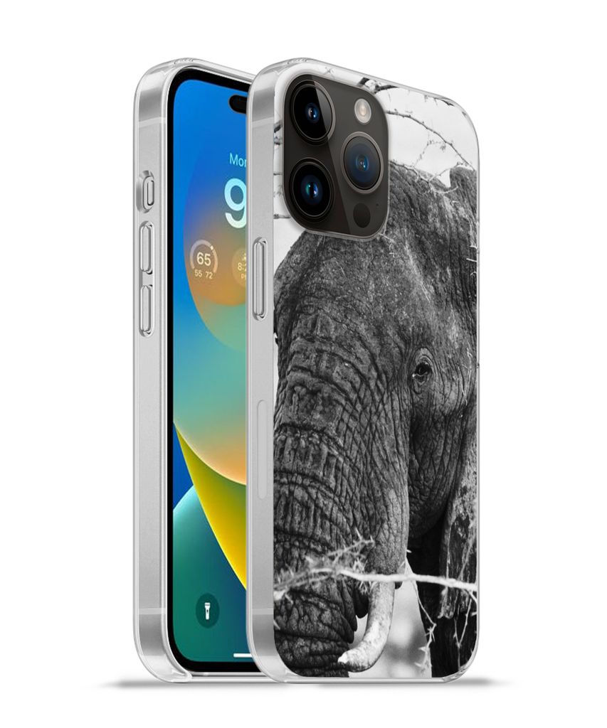 MuchoWow Handyhülle Schutzhülle Hülle für Apple iPhone 14 Pro - Softcase Elefant - Tiere - Äste - Natur - Schwarz und weiß Silikon Softcase...