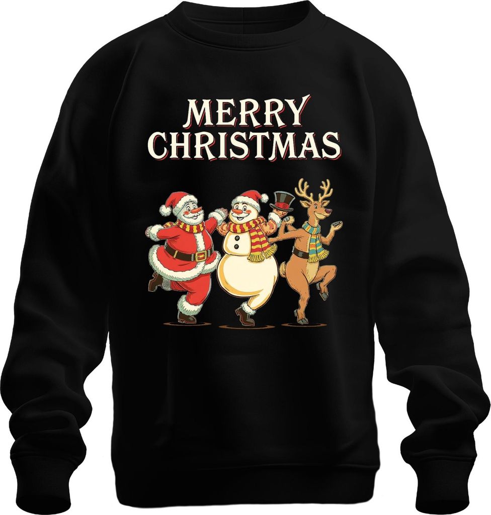 MERRY CHRISTMAS Weihnachtsmann Schneemann Rentier tanzend Vintage Uni Sweatshirt Pullover, Schwarz, 3XL