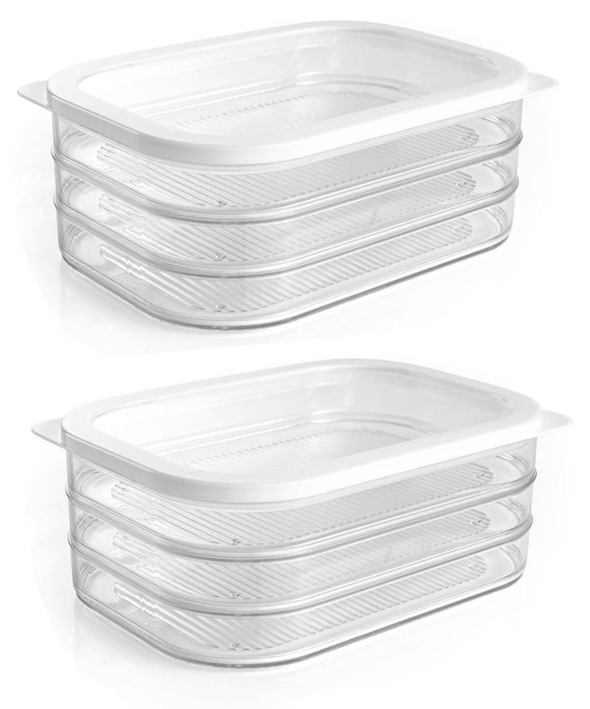 Two stacks of clear plastic food storage containers with white lids, shown from a slightly elevated side angle against a white background.