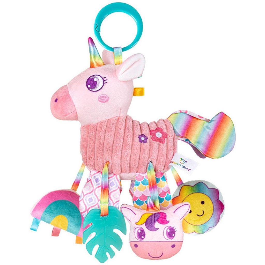 Baby Sensory Spielzeug - Einhorn Plüschtier für Kinderwagen & Babyschale - Hängespielzeug mit Beißring & Rassel für die Entwicklung, Rosa