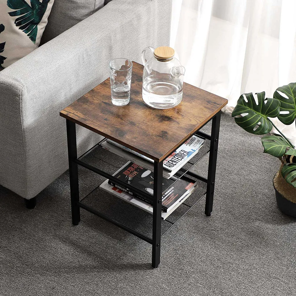 Table d'appoint rustique Brad 40x40 lot de 2 avec double étagère bois