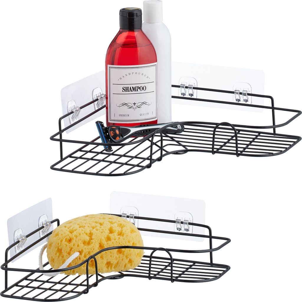Relaxdays Duschablage ohne Bohren, 2er Set, Duschkorb Ecke, Produktbild 
