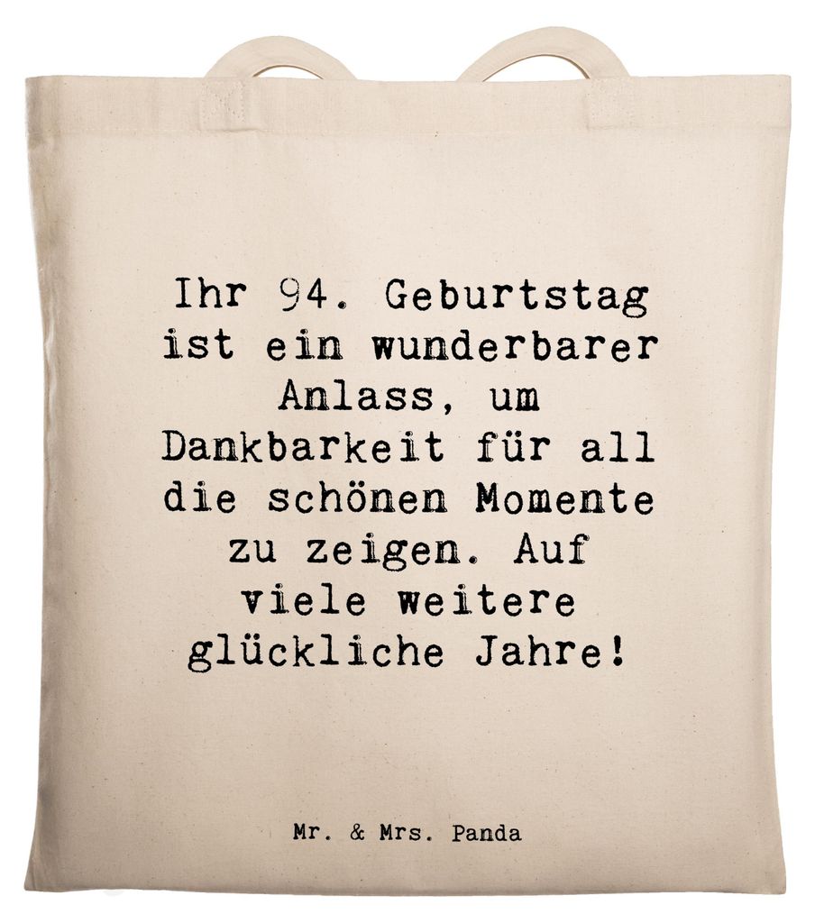 Mr. & Mrs. Panda Shopping Tasche Spruch 94. Geburtstag - Transparent - Geschenk, Wünsche, Laptoptasche, Büchertasche, Geburtstagsgeschenk, schön...