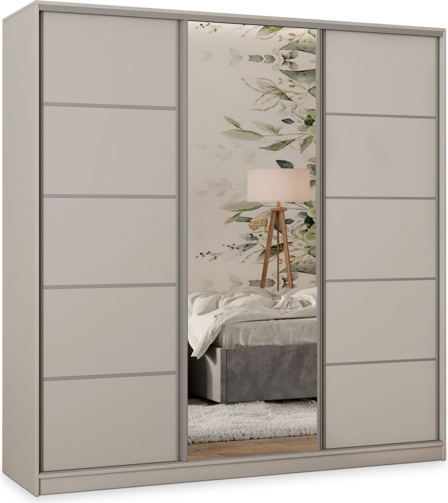 A three-door wardrobe with a mirrored center door, reflecting a bedroom scene with a bed and a floor lamp. The wardrobe has a light gray frame and light gray doors with horizontal paneling. The mirrored door has a floral pattern overlay.