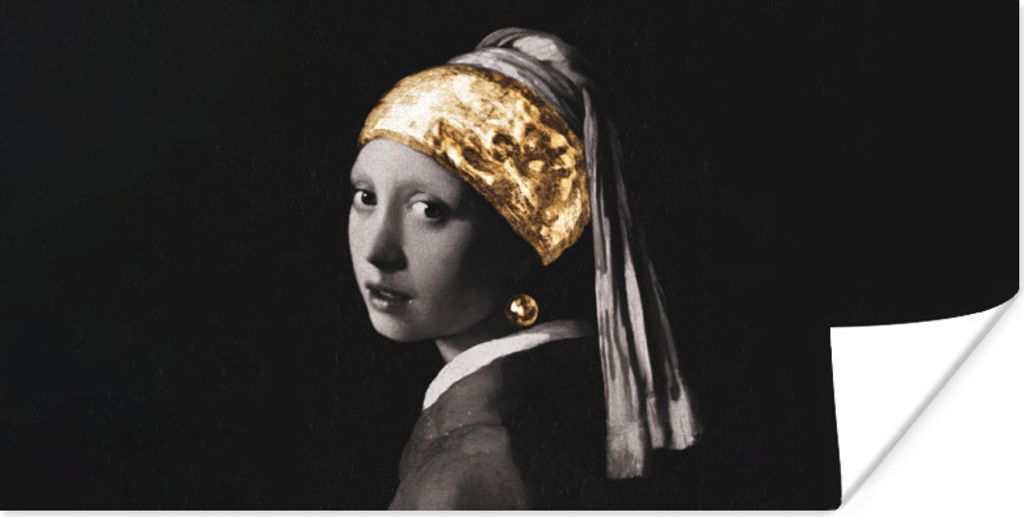MuchoWow Poster Mädchen mit Perlenohrring - Gold - Schwarz - Weiß 150x75 cm - ohne Rahmen