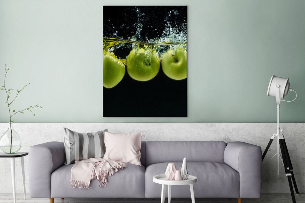 MuchoWow - Leinwandbilder - Äpfel - Obst - Wasser - Schwarz - Grün, Wandbild, Wanddeko Bilder Wohnzimmer, 90x120 cm