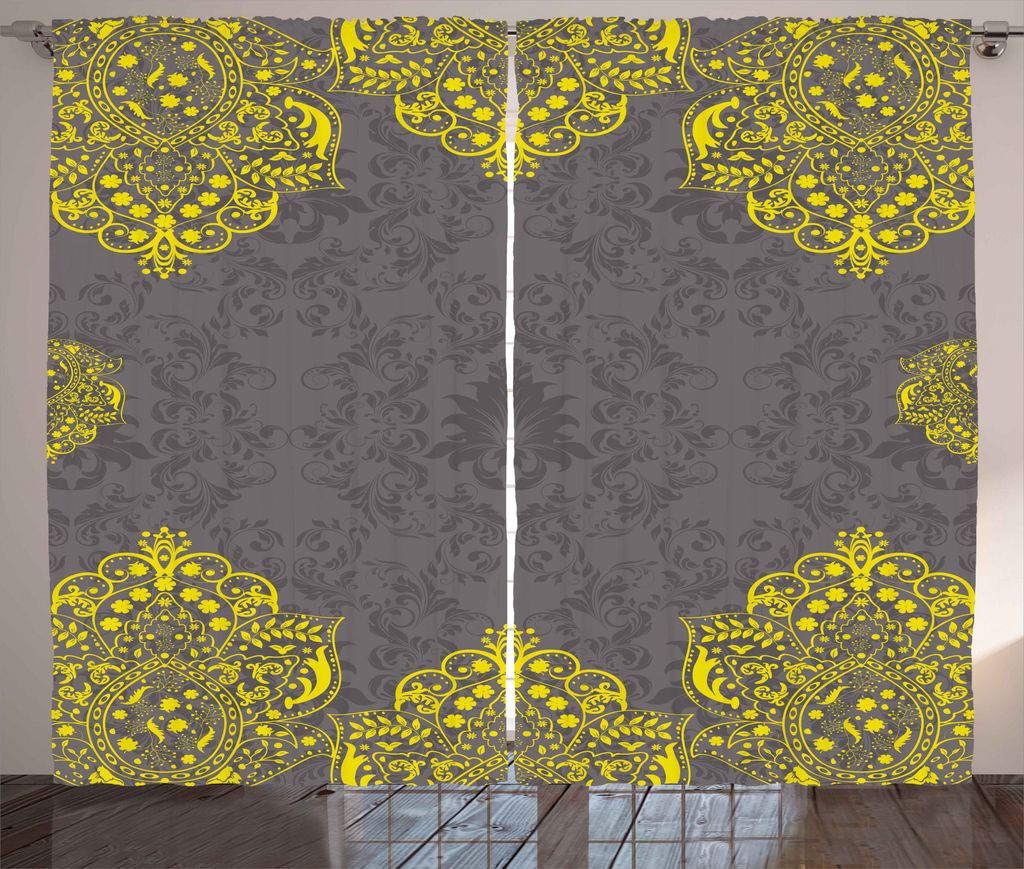 ABAKUHAUS viktorianisch Rustikaler Gardine, Gelbe graue Blumen, Schlafzimmer Kräuselband Vorhang mit Schlaufen und Haken, 280 x 225 cm, Gelb Grau