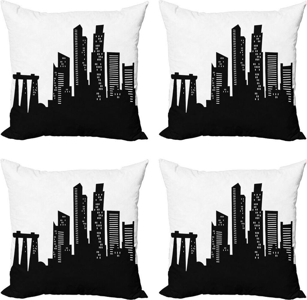 ABAKUHAUS Singapur Kissenbezug Set (4 Stück), Städtische Gebäude Szene, Moderner Doppelseitiger Digitaldruck, 40 cm x 40 cm, Charcoal Grau und W...