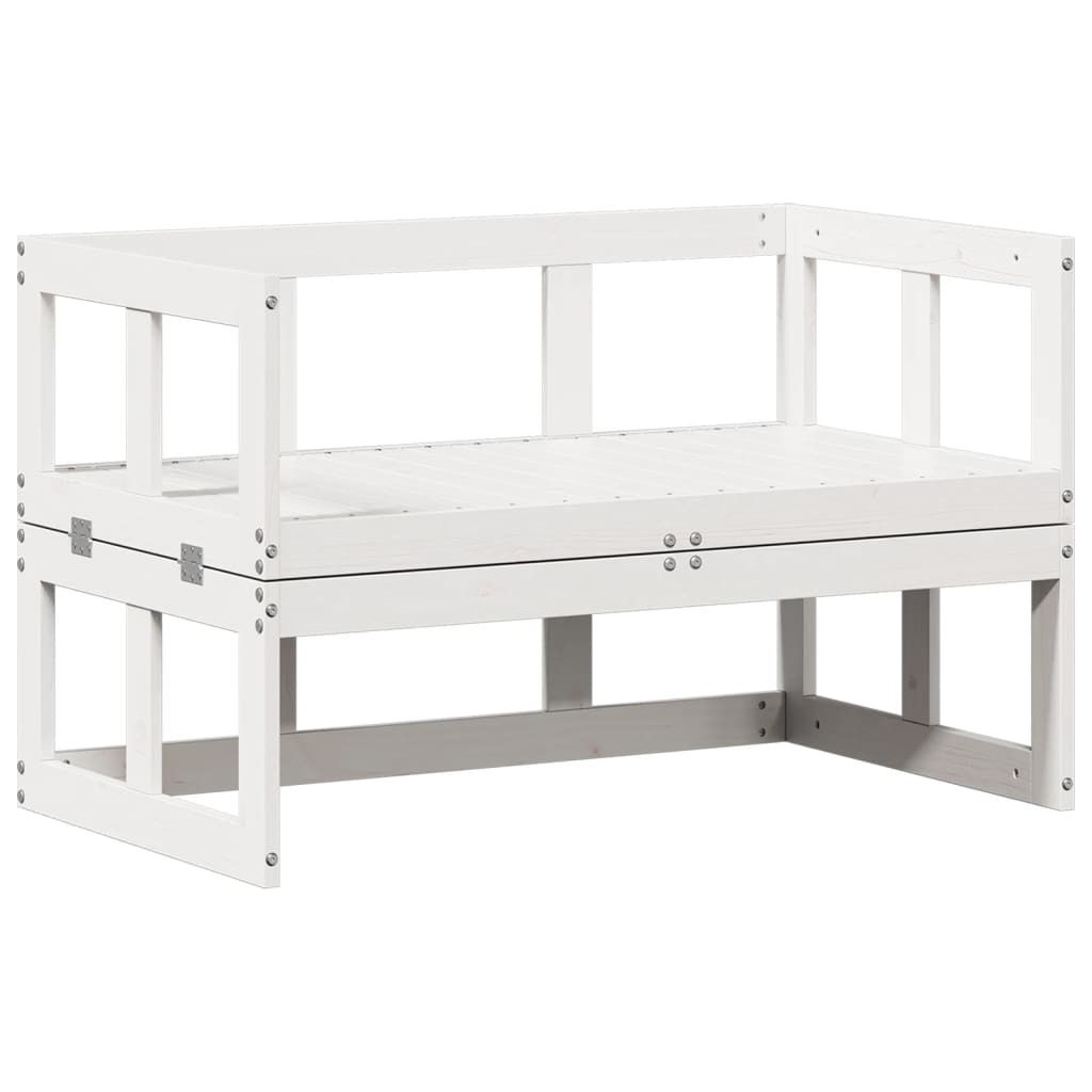 A white wooden garden bench with a corner extension, shown from the front.