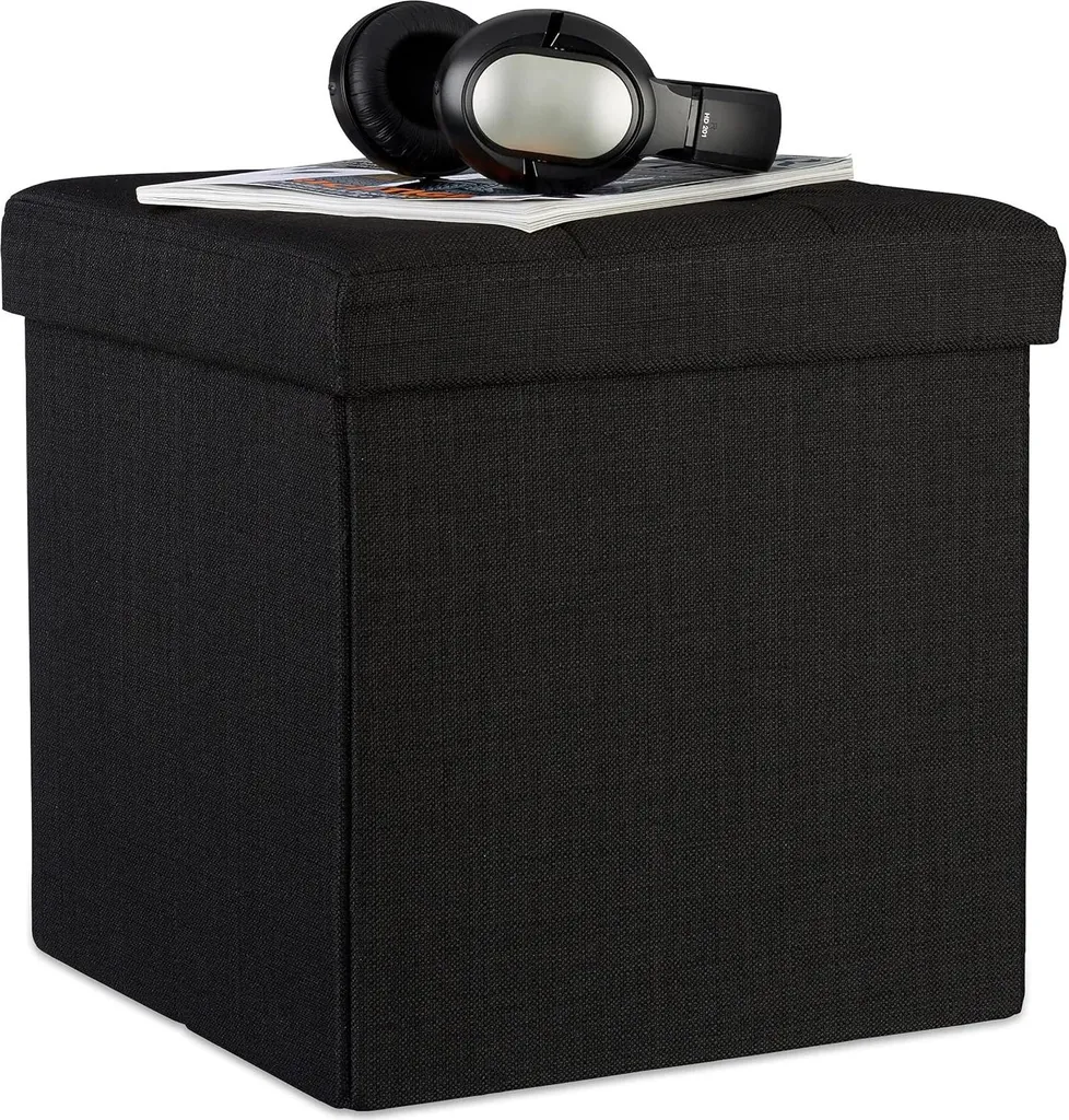 Pouf pliable avec rangement en lin noir 38x38x38 cm carré design chic
