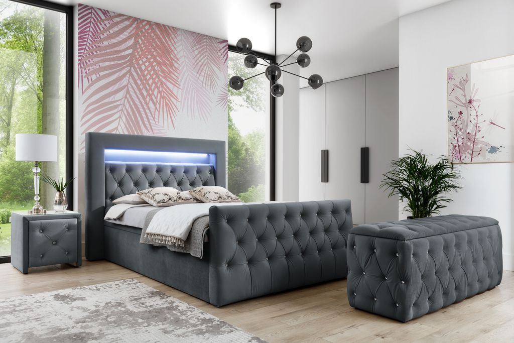 Bett Boxspringbett WESPER mit Pocket-Matratze und Topper , Doppelbett mit 2 Bettkästen, H3, LED ( 200x200 cm , Grau - Motion 85 )