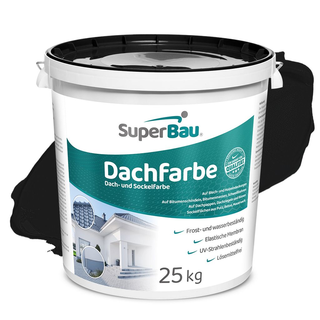 Superbau Dachfarbe Schwarz 25kg, Sockelfarbe WASSERDICHT, Fassadenfarbe für Außen, Dachbeschichtung für Blechdach, Bitumen, Dachpappe, Schindeln...