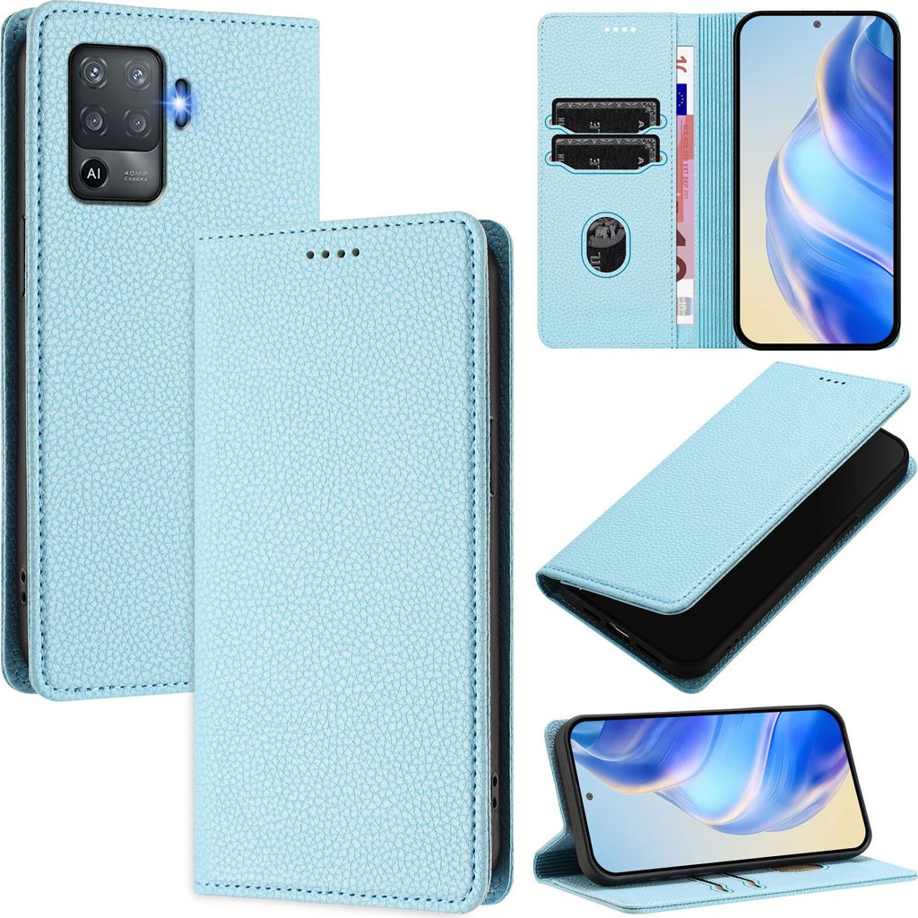 Litchi Leder Handyhülle für Oppo F19 Pro/Reno5 F Wallet Kartenfächer Standfunktion Hülle Hellblau